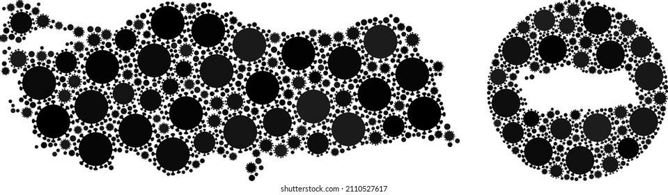 Vektormosaik Türkei Karte der covid-Virus-Symbole. Mosaik geographische Türkei Karte, konstruiert als geschnitzte Form aus Kreis mit covid Virus-Symbole in schwarzen Farbtönen. Abstraktion für Poster für Krankheitsausbrüche.