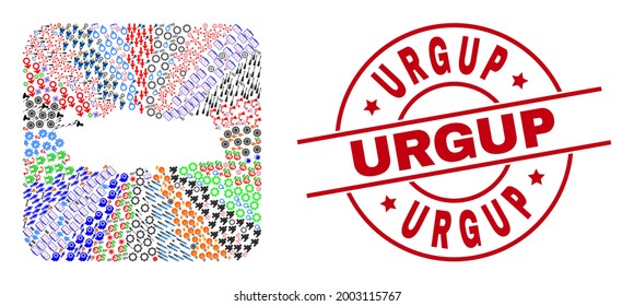 Vector mosaic Turkey map of different icons and Urgup stamp. Mosaic Turkey map created as carved shape from rounded square shape. Red round seal with Urgup tag.
