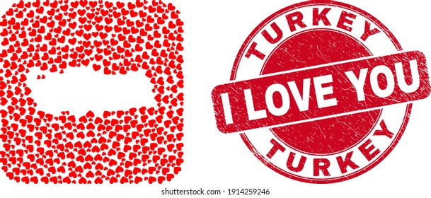 Vector mosaic Turkey map of lovely heart items and grunge love seal. Mosaic geographic Turkey map designed as carved shape from rounded square using lovely hearts.