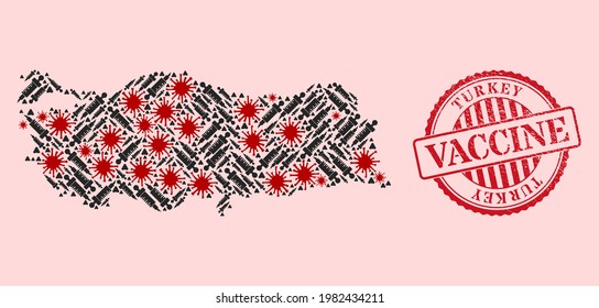 Vector mosaic Turkey map of SARS virus, vaccination icons, and red grunge vaccination seal stamp. Virus cells and vaccination needles inside Turkey map.