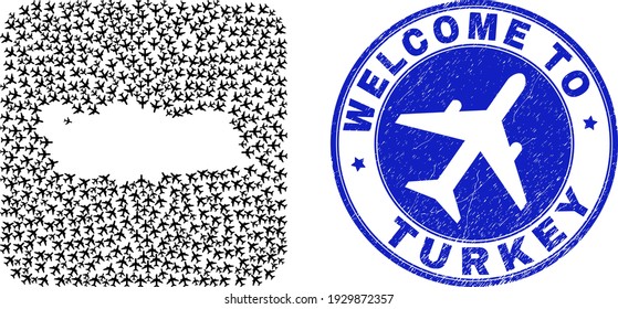 Vector mosaic Turkey map of tourism elements and grunge Welcome seal. Mosaic geographic Turkey map designed as carved shape from rounded square shape using air vehicles.