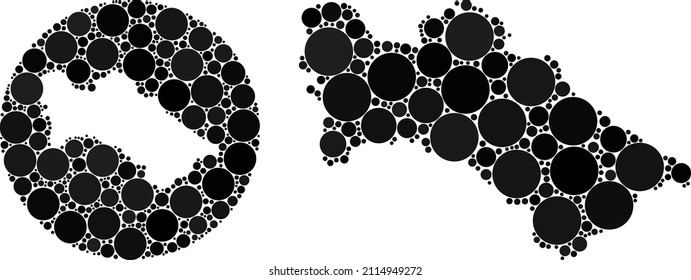 Vector mosaic Turkmenistan map of circle dots. Mosaic geographic Turkmenistan map designed as carved shape from round shape with circle items in black color hues.