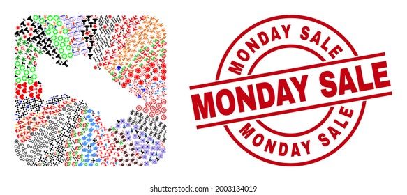 Vector mosaic Turkmenistan map of different symbols and Monday Sale seal stamp. Mosaic Turkmenistan map created as carved shape from rounded square shape. Red round seal with Monday Sale text.
