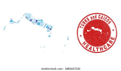 Vector mosaic Turks and Caicos Islands map with inoculation icons, receipt symbols, and grunge health care seal stamp.