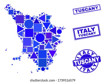 Vector mosaic Tuscany region map. Geographic collage in blue color tones, and corroded round and rectangle seal stamps. Abstract mosaic of Tuscany region map made of round, triangles,