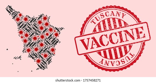 Vector mosaic Tuscany region map of covid-2019 virus, vaccine icons, and red grunge vaccination seal stamp. Virus cells and injection needles inside Tuscany region map.