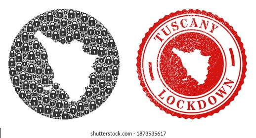 Vektor mosaic Toskana Region Karte von Schlössern und grunge LOCKDOWN Siegel. Mosaik Geografische Landkarte der Toskana als geschnitzte Form aus runden Formen mit schwarzen Schlössern.