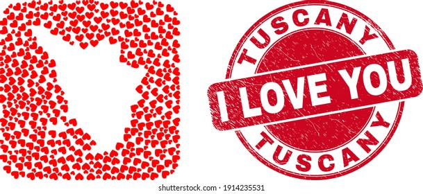 Vector mosaic Tuscany region map of lovely heart items and grunge love seal stamp. Mosaic geographic Tuscany region map designed as subtraction from rounded square with love hearts.