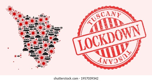 Vector mosaic Tuscany region map of SARS virus, masked people and red grunge lockdown stamp. Virus particles and people in masks inside Tuscany region map.