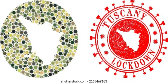 Vector mosaic Tuscany region map of SARS virus items and grunge LOCKDOWN stamp.