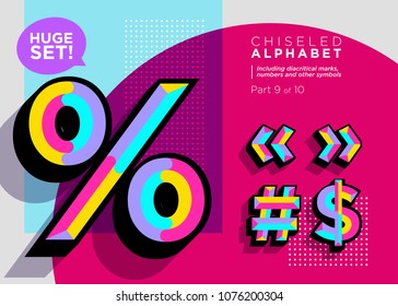 Vector Mosaic Typeset. Textured Geometric Type. Trendy Polygonal Typography for Music Poster, Sale Card, Fest Banner, Game Design. Retro Vibrant Alphabet. Colorful Hipster Background. Funky Font.