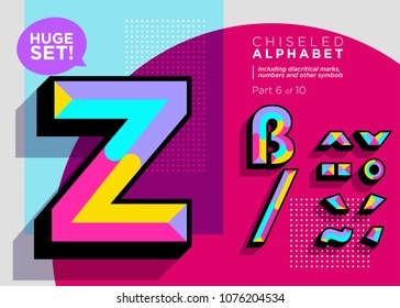 Vector Mosaic Typeset. Textured Geometric Type. Trendy Polygonal Typography for Music Poster, Club Flyer, Fest Invitation, Game Design. Retro Vibrant Alphabet. Colorful Hipster Background. Funky Font.