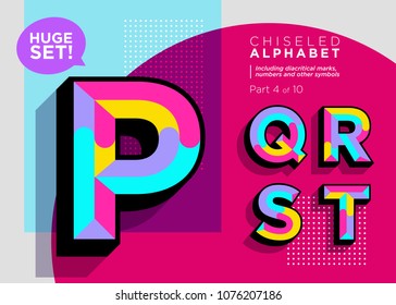 Vector Mosaic Typeset. Textured Geometric Type. Trendy Polygonal Typography for Music Poster, Club Flyer, Fest Invitation, Game Design. Retro Vibrant Alphabet. Colorful Hipster Background. Funky Font.