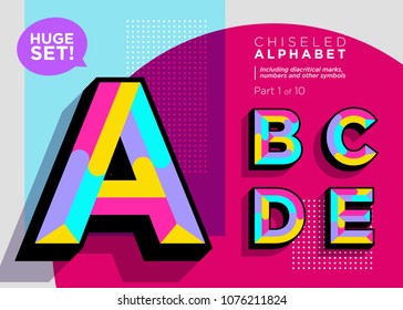 Vector Mosaic Typeset. Textured Geometric Type. Trendy Polygonal Typography for Music Poster, Club Flyer, Fest Invitation, Game Design. Retro Vibrant Alphabet. Colorful Hipster Background. Funky Font.