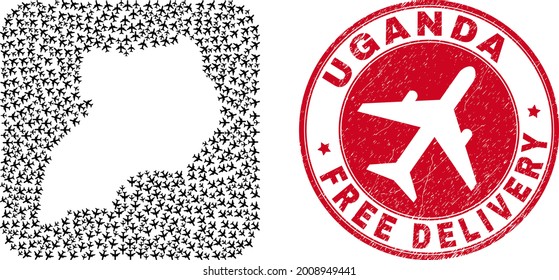 Vector mosaic Uganda map of aircraft elements and grunge Free Delivery seal stamp. Mosaic geographic Uganda map designed as subtraction from rounded square using moving out air force symbols.