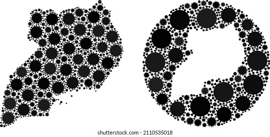 Vector mosaic Uganda map of covid virus items. Mosaic geographic Uganda map created as carved shape from round shape with virus elements in black color hues. Template for medical templates.