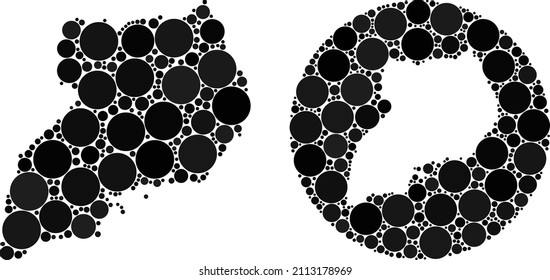 Vector mosaic Uganda map of sphere parts. Mosaic geographic Uganda map is constructed as carved shape from round shape with sphere parts in black color hues. Pixel vector mosaic Uganda map.