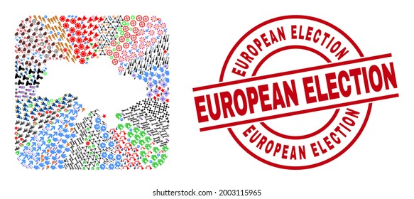 Vector mosaic Ukraine map of different icons and European Election seal. Mosaic Ukraine map created as hole from rounded square shape. Red round watermark with European Election tag.