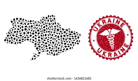 Vector mosaic Ukraine map and red round rubber stamp seal with medicine symbol. Ukraine map collage formed with elliptic items. Red rounded medicine seal stamp, with dirty texture.