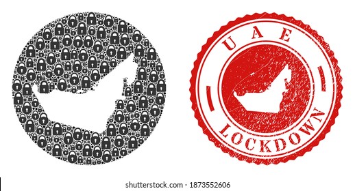Mosaico vectorial mapa de cerraduras y estampado LOCKDOWN de los Emiratos Árabes Unidos. Mapa geográfico mosaico de Emiratos Árabes Unidos creado como forma tallada de forma redonda con cerraduras negras.