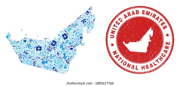 Vector mosaic United Arab Emirates map with syringe icons, hospital symbols, and grunge doctor rubber imitation. Red round seal with grunge rubber texture and United Arab Emirates map caption and map.