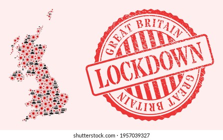 Vector mosaic United Kingdom map of SARS virus, masked men and red grunge lockdown seal. Virus elements and people in masks inside United Kingdom map.