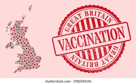 Vector mosaic United Kingdom map of flu virus, vaccination icons, and red grunge vaccination seal. Virus items and dose particles inside United Kingdom map.