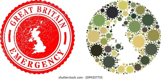 Vector mosaic United Kingdom map of sars virus elements and grunge EMERGENCY seal stamp.