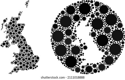 Mapa de mosaicos vectoriales del Reino Unido de brotes de virus. Mapa geográfico mosaico del Reino Unido construido como sustracción de círculo con elementos de virus codificados en tonos de color negro.