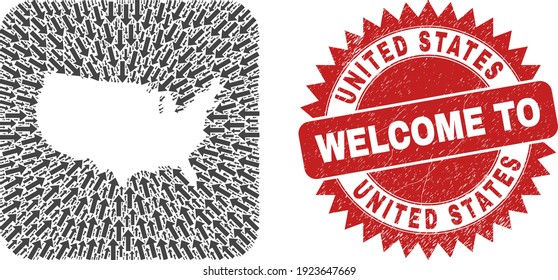 Vector mosaic United States map of movement arrows and grunge Welcome badge. Collage geographic United States map designed as subtraction from rounded square with direction arrows.