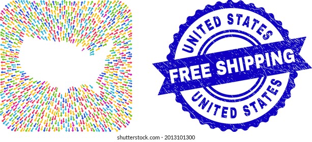 Vector mosaic United States map of away arrows and rubber Free Shipping badge. Mosaic United States map designed as stencil from rounded square with leaving arrows.