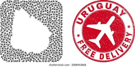 Vector mosaic Uruguay map of airplane elements and grunge Free Delivery badge. Mosaic geographic Uruguay map constructed as hole from rounded square shape using flying away air planes.