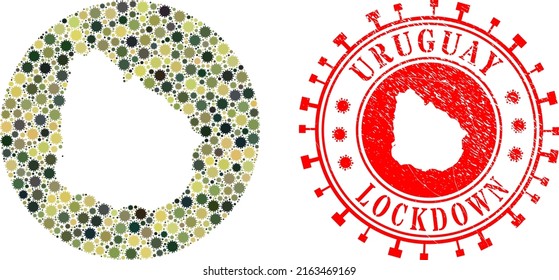 Vector mosaic Uruguay map of virus outbreak elements and grunge LOCKDOWN stamp.
