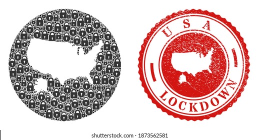 Mosaico vectorial USA con mapa Alaska de cerraduras y sello de sello LOCKDOWN. Mosaico geográfico USA con mapa de Alaska creado como sustracción de círculo con cerraduras negras.