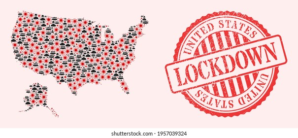 Vector mosaic USA with Alaska map of corona virus, masked men and red grunge lockdown seal stamp. Virus elements and men in masks inside USA with Alaska map.