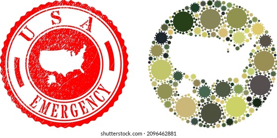 Vektor-Mosaik USA mit Alaska-Karte von coviden Infektionsartikeln und Grunge-EMERGENCY-Siegel.
