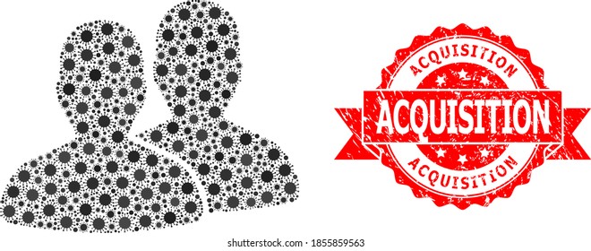 Vector mosaic users of flu virus, and Acquisition scratched ribbon seal print. Virus elements inside users mosaic. Red stamp seal has Acquisition tag inside ribbon.