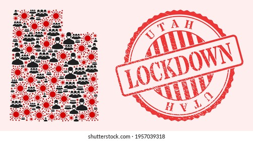 Mosaico vectorial del mapa del estado de Utah del virus de la corona, personas enmascaradas y sello de cierre de grunge rojo. Elementos de virus y personas con máscaras dentro del mapa del estado de Utah.