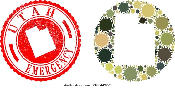 Vector mosaic Utah State map of sars virus items and grunge EMERGENCY badge.