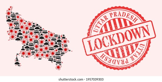 Vector mosaic Uttar Pradesh State map of corona virus, masked people and red grunge lockdown seal stamp. Virus particles and people in masks inside Uttar Pradesh State map.