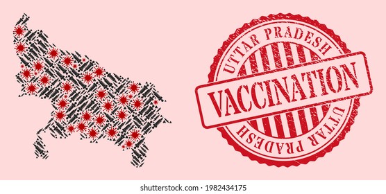 Vector mosaic Uttar Pradesh State map of corona virus, vaccination icons, and red grunge vaccine seal. Virus items and vaccine items inside Uttar Pradesh State map.