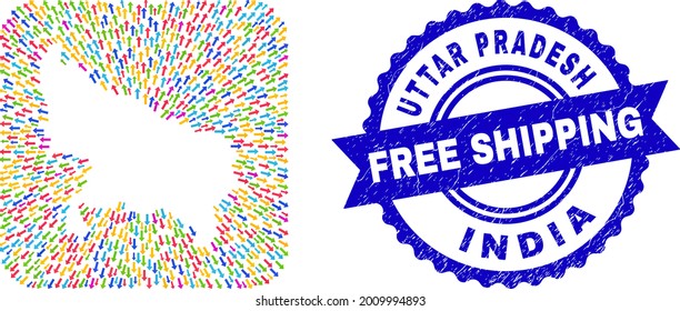Vector mosaic Uttar Pradesh State map of delivery arrows and rubber Free Shipping seal. Mosaic Uttar Pradesh State map constructed as stencil from rounded square shape with arrows.