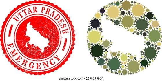 Mosaico vectorial Uttar Pradesh Mapa del estado de íconos de infección por covid y sello de EMERGENCIA grunge.