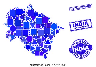 Vector mosaic Uttarakhand State map. Geographic collage in blue color tinges, and textured round and rectangle stamp seals. Abstract mosaic of Uttarakhand State map composed of round, tringle,