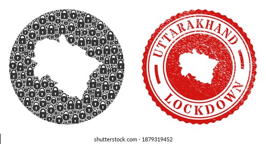 Vector mosaic Uttarakhand State map of locks and grunge LOCKDOWN seal. Mosaic geographic Uttarakhand State map constructed as hole from round shape with black locks.