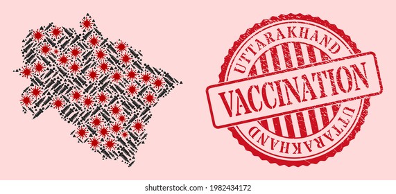 Vector mosaic Uttarakhand State map of flu virus, injection icons, and red grunge vaccination stamp. Virus elements and injection particles inside Uttarakhand State map.