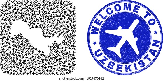 Vector mosaic Uzbekistan map of air vehicle elements and grunge Welcome seal stamp. Collage geographic Uzbekistan map designed as subtraction from rounded square with air transport.