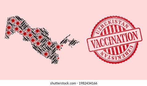 Vector mosaic Uzbekistan map of coronavirus, vaccination icons, and red grunge vaccination seal stamp. Virus particles and treatment particles inside Uzbekistan map.