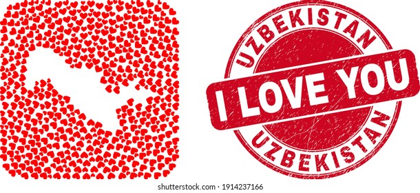 Vector mosaic Uzbekistan map of love heart elements and grunge love seal stamp. Mosaic geographic Uzbekistan map designed as subtraction from rounded square with valentine hearts.