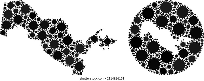 Vector mosaic Uzbekistan map of sars virus elements. Mosaic geographic Uzbekistan map constructed as carved shape from circle with SARS virus elements in black colors. Template for pandemic templates.